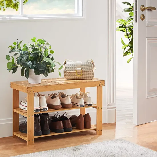 Banco de madera resistente del zapatero de bambú de 3 niveles para la entrada, dormitorio, sala de estar, balcón