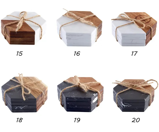 Juego de posavasos hexagonales personalizados de mármol y acacia, pedidos a granel disponibles para planificadores de eventos y cafeterías