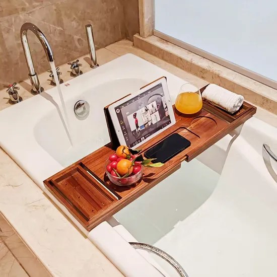 Organizador de ducha de madera de teca ajustable, estante de baño extensible, bandeja Caddy para bañera