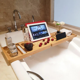 Bandeja extensible de bambú para bañera con estante de lectura, soporte para tableta, bandeja para teléfono móvil y soporte para copa de vino