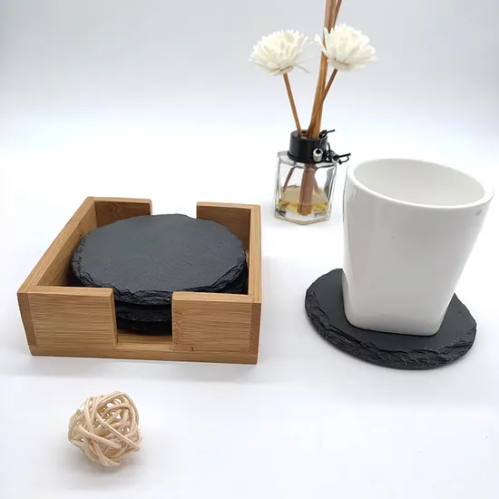 Posavasos de pizarra redondos grabados personalizados con soporte de bambú para regalos personales