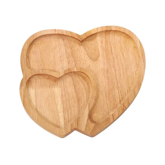 Bandeja de servicio de platos de aperitivos de madera de goma dividida en forma de corazón