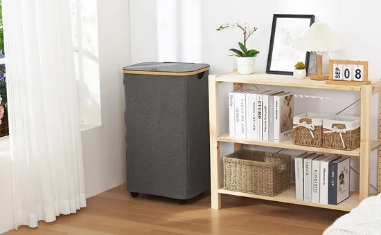 Cesta de lavandería de tela de bambú plegable y con ruedas, con funda y bolsa interior
