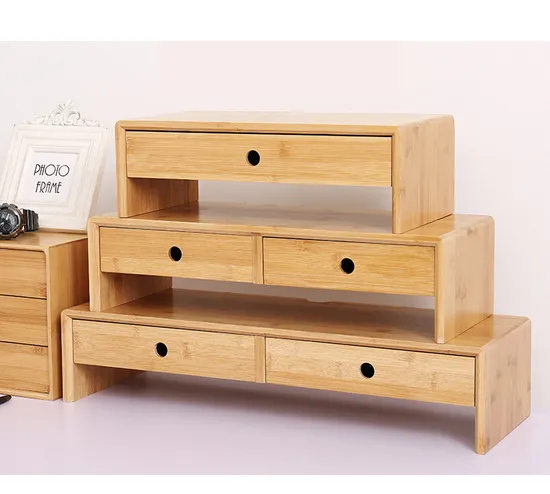 Soporte de bambú para monitor de computadora con cajones organizadores de almacenamiento