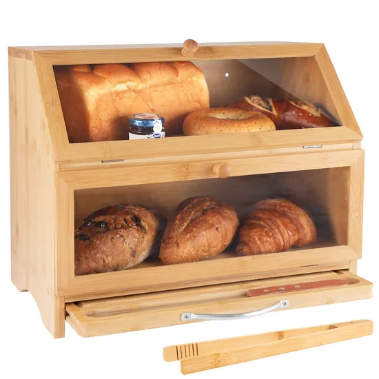 Caja de pan para encimera de cocina, contenedor de almacenamiento de pan y alimentos de gran capacidad de 2 niveles