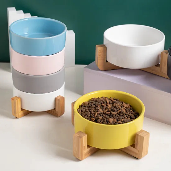 Productos para mascotas, cuenco de cerámica para alimentación de agua y comida para perros y gatos con soporte de madera de bambú