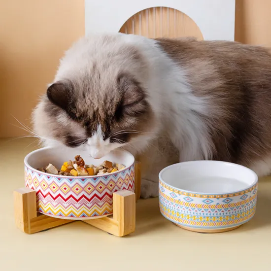 Cuenco de cerámica para perros y gatos con patas altas de madera maciza