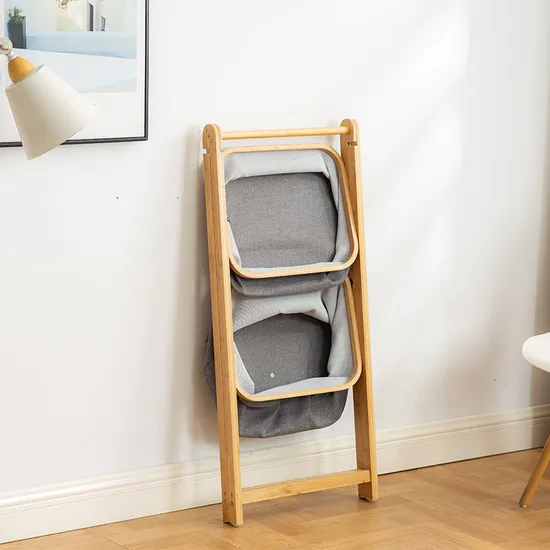 Cesta de lavandería con estante de almacenamiento de tela de bambú de doble capa en forma de A de gran capacidad para baño