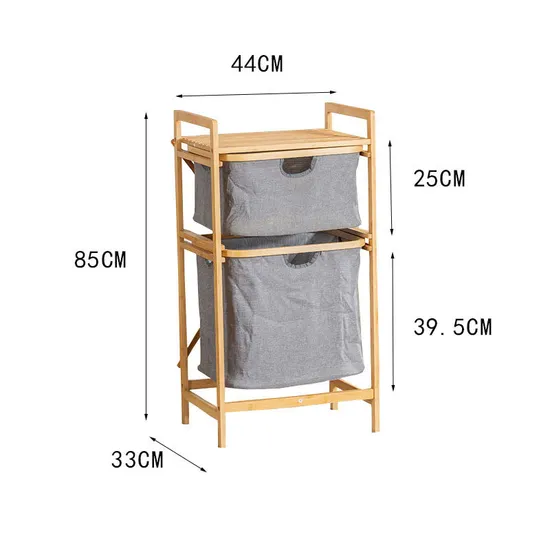 Suelo de baño de doble capa: estante de almacenamiento de tela y bambú como cesta para ropa sucia