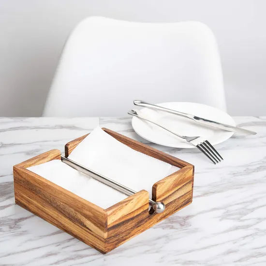 Servilletero de madera de acacia con barra central de acero inoxidable ponderada