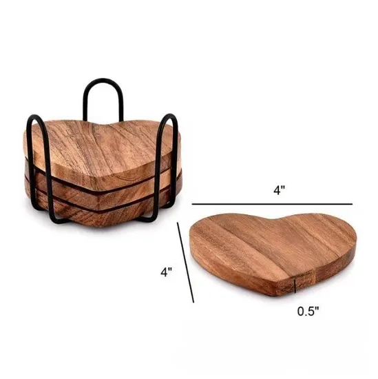 Artístico - Posavasos de madera con forma de corazón y soporte de metal para decoración de mesa