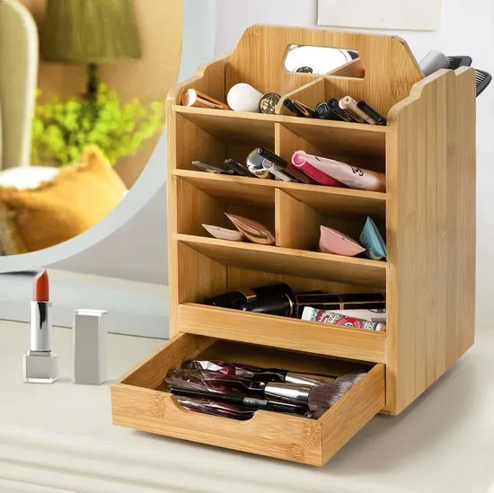 Estante organizador de cosméticos, organizador de bolígrafos de bambú con 15 compartimentos giratorios de 360°