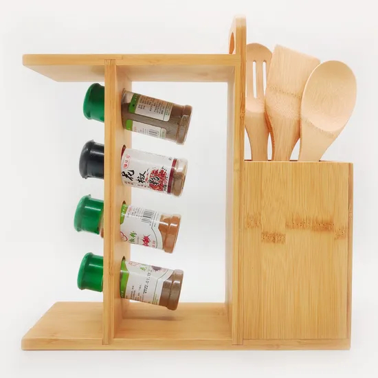 Organizador de cubiertos de bambú, soporte para utensilios con especiero y juego de utensilios de 3 piezas
