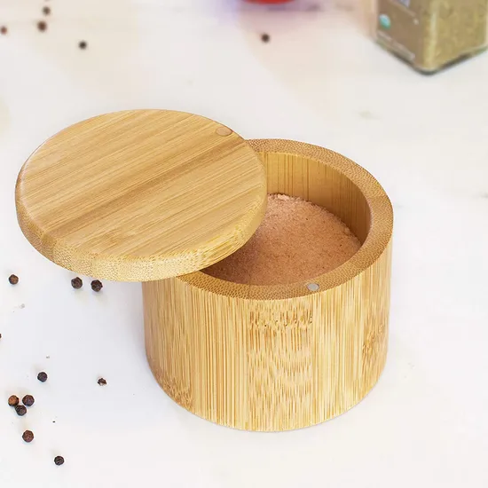 Elegante salero de bambú, caja de especias con tapa magnética
