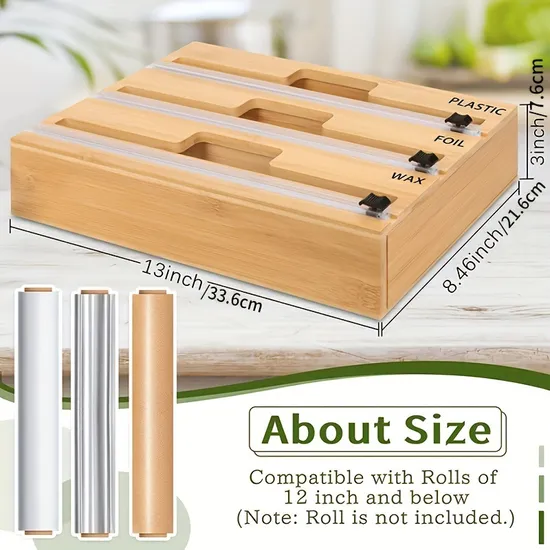 Caja de almacenamiento y cortador de envoltorios para alimentos de bambú y madera
