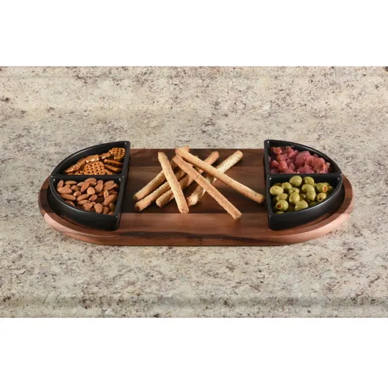 Set de condimentos de cerámica para salsa sobre base de madera de acacia
