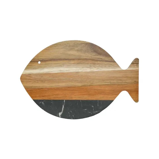 Tabla de cortar de madera y mármol negro con forma de pez para frutas/meriendas