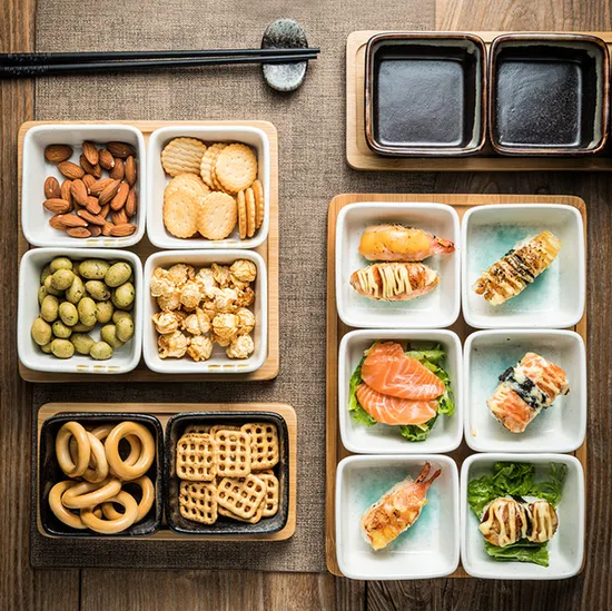 Bandeja de bambú para servir con platos de cerámica para servir con 6 compartimentos