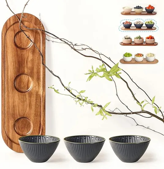 Bandeja de madera de acacia con 3 cuencos de cerámica de diferentes colores para servir Chip y DIP