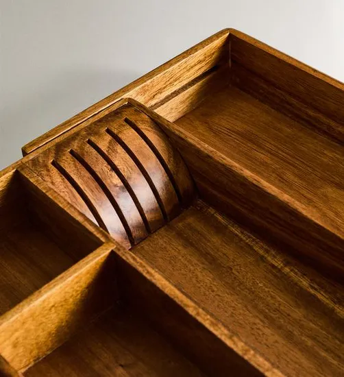 Organizador de cajones de cocina de acacia de lujo con 8 ranuras y divisores para cubiertos, utensilios y cubiertos