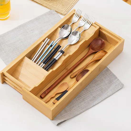 Organizador de cajones expandible de bambú para cubiertos, cubiertos y cuchillos en la cocina
