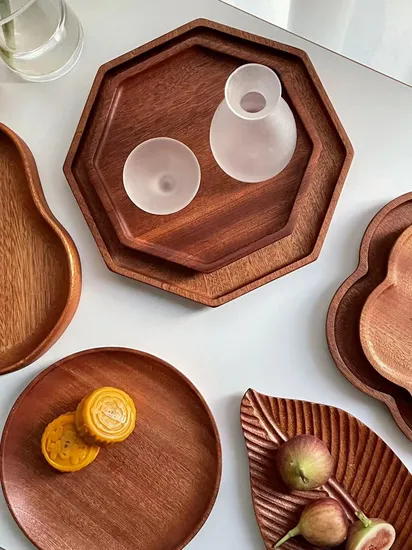 Pétalo de 8 pulgadas - Juego de platos de madera de ébano para cena, fruta, pan y postre