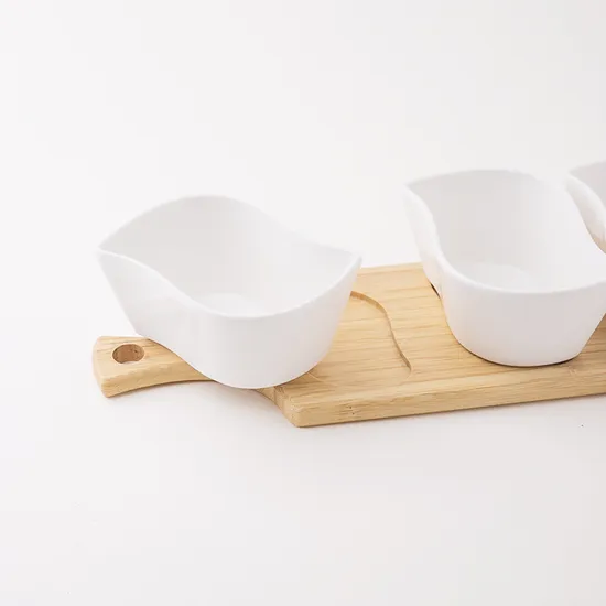 Bandeja de madera de bambú, bandeja para aperitivos y condimentos de frutas, bandeja para servir postres con 3 cuencos de cerámica blanca