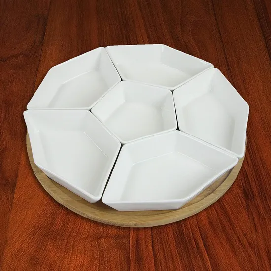 Juego de servidor para aperitivos y condimentos de cerámica blanca de 6 compartimentos con bandeja de bambú