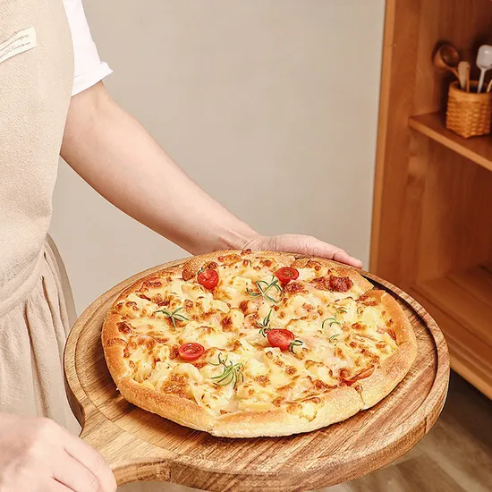 Juego de 3 bandejas redondas de madera para servir pizza con asa