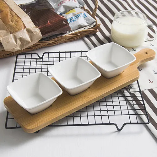 Cuenco DIP con compartimento de cerámica creativo y plato de bambú para servir