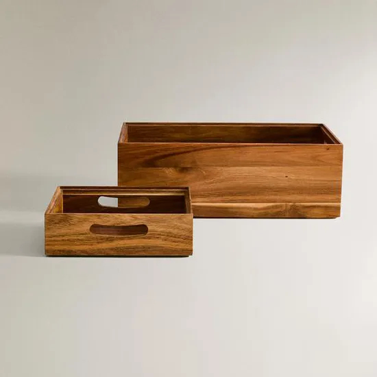 Caja de almacenamiento de madera de acacia, juego de 2 con asa