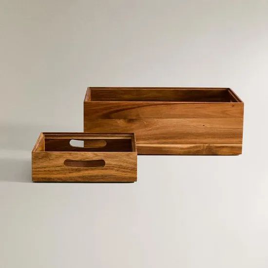 Caja de almacenamiento de madera de acacia, juego de 2 con asa