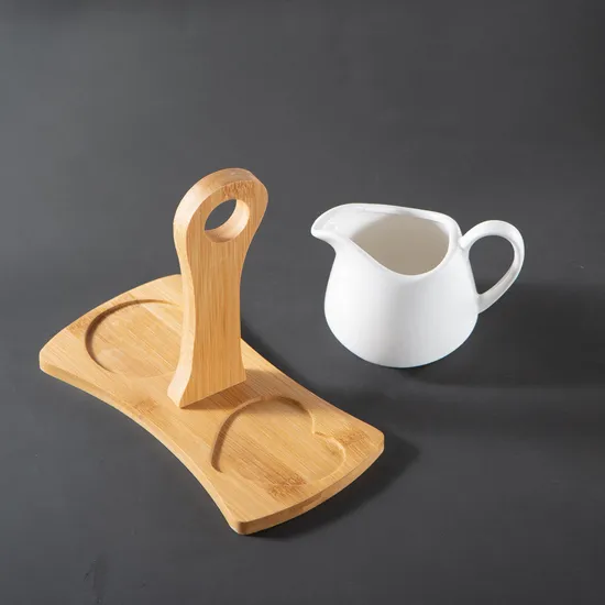 Juego de servicio de café con crema y azúcar de cerámica blanca de 3 piezas con tapa y bandeja de bambú para servir