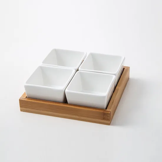 Bandeja de bambú para servir con 4 platos de sección de cerámica divididos para fiesta, Bar, comida, aperitivos, carrito de frutas