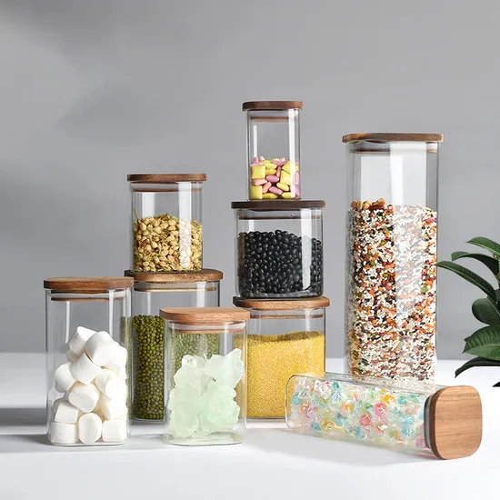 Fabricación de contenedores de almacenamiento de vidrio, recipiente de vidrio transparente para alimentos con tapa de bambú hermética