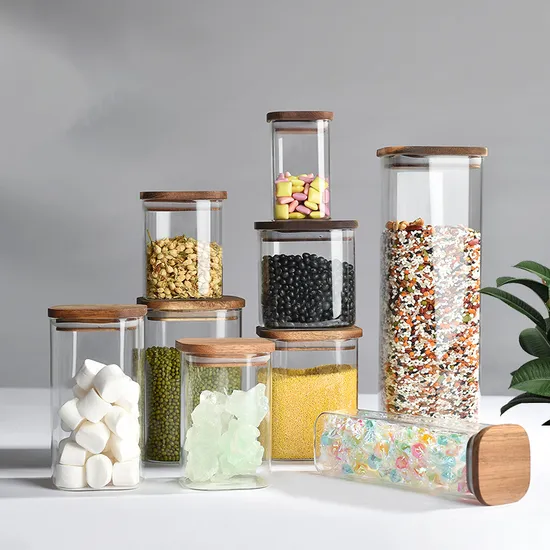 Fabricación de contenedores de almacenamiento de vidrio, recipiente de vidrio transparente para alimentos con tapa de bambú hermética