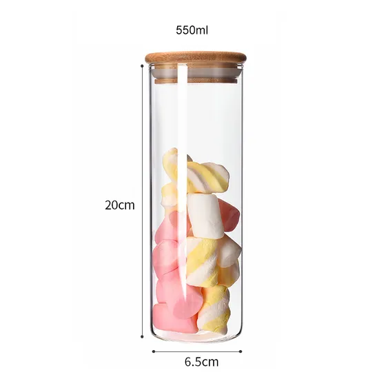 Comercio al por mayor de alto tarro de almacenamiento de alimentos de vidrio de borosilicato con tapa de bambú