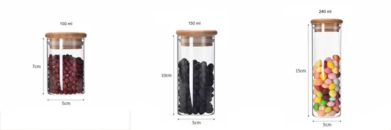 Tarro de vidrio de borosilicato al por mayor con tapa de madera de bambú para almacenamiento de nueces, té, dulces y café