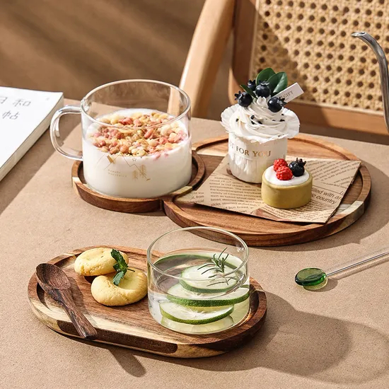 Bandeja de madera resistente al calor para servir con cuenco de cristal para pudín, cuenco para helado, taza de yogur