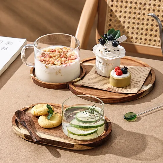 Bandeja de madera resistente al calor para servir con cuenco de cristal para pudín, cuenco para helado, taza de yogur