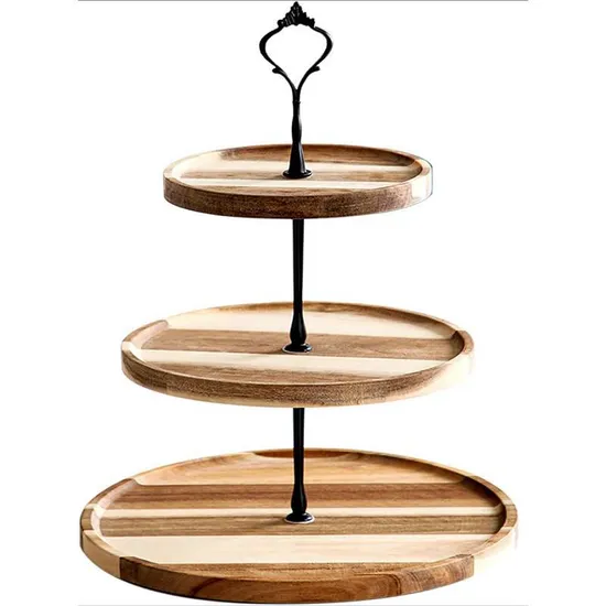 Soporte para pasteles de 3 niveles de madera de acacia hecho a mano con bandejas extraíbles para exhibiciones de postres de boda