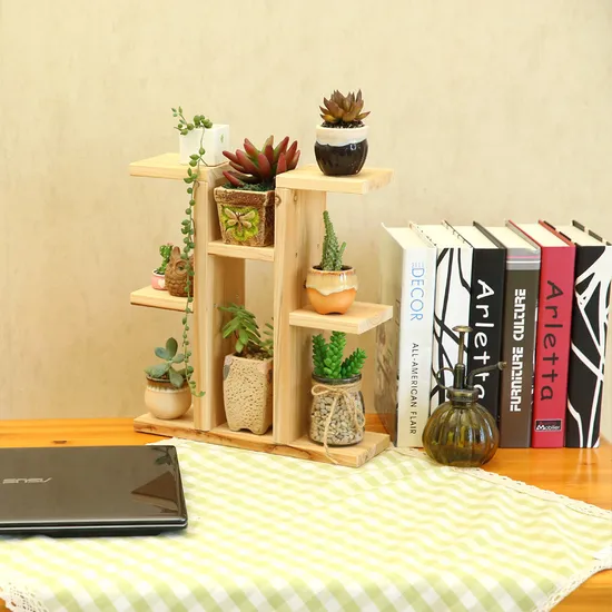 Estante de escritorio multicapa de madera maciza con soporte para flores para libros/juguetes/plantas