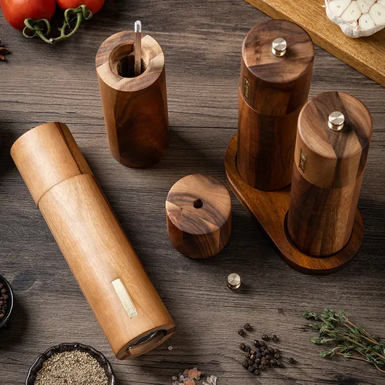 Molinillo de pimienta manual de madera de acacia para moler especias y sal