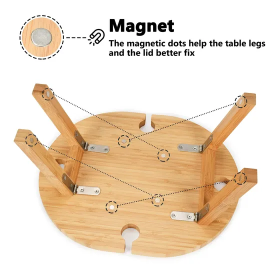 Mesa de picnic al aire libre de bambú de forma ovalada con soporte de vidrio para parque, playa, camping, cama