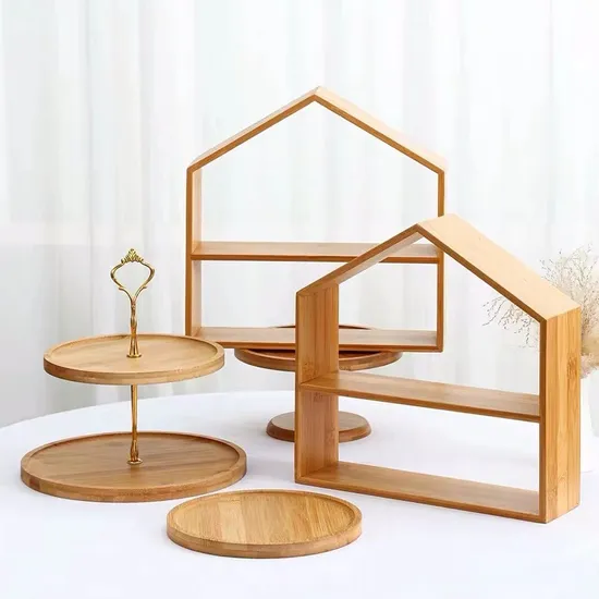Fabricación de la casa forma 2 niveles de madera soporte para pastel de taza estante de pastel de bambú para postre