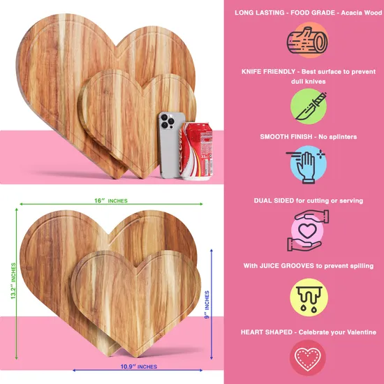 Tabla de cortar de madera de acacia con forma de corazón, juego de 2