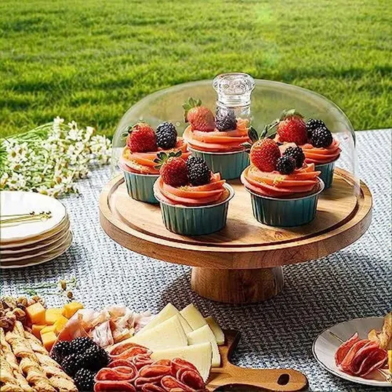 Soporte rústico para tartas, cuenco de madera de acacia redondo de doble uso con cúpula de cristal
