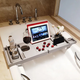 Bandeja de bambú extensible para bañera, color gris, con soporte para libros y vinos