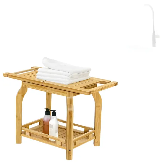 Taburete de madera multifuncional para cambiar zapatos, taburete de ducha de baño de bambú de dos capas con suspensión de toalla