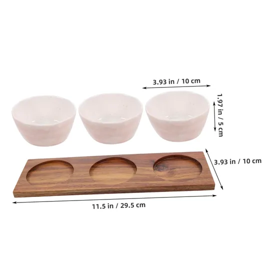 Elegante juego de cuencos de cerámica para servir aperitivos con bandeja de madera para frutas, aperitivos y postres